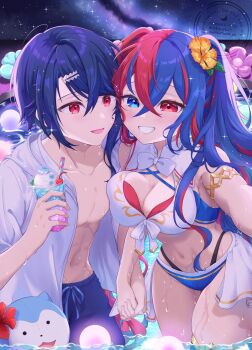 1boy 1girl abs alcryst_(fire_emblem) armlet bikini blue_bikini blue_eyes blue_hair blush breasts character_ball cleavage collarbone criss-cross_halter crossed_bangs cup drink drinking_straw female_alear_(fire_emblem) female_alear_(seaside_dragon)_(fire_emblem) fire_emblem fire_emblem_engage fire_emblem_heroes flower gold_armlet gold_thighlet hair_between_eyes hair_flower hair_ornament halterneck heterochromia highres holding holding_cup jacket jewelry large_breasts long_hair male_focus male_swimwear multicolored_bikini multicolored_hair multicolored_swimsuit navel negitama_(nkmdk41) night nintendo official_alternate_costume official_alternate_hairstyle open_clothes open_jacket open_mouth red_bikini red_eyes red_hair short_hair showgirl_skirt sky smile sommie_(fire_emblem) split-color_hair stomach swim_trunks swimsuit teeth thighlet two-tone_hair very_long_hair water white_bikini white_jacket