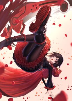 1girl black_boots black_dress black_hair black_pantyhose boots cape crescent_rose dress frilled_boots frilled_sleeves frills grey_eyes hair_between_eyes holding holding_scythe hood hood_down hooded lace-up_boots layered_dress long_sleeves open_mouth pantyhose petals red_cape rose_petals ruby_rose rwby scythe short_dress short_hair solo suraimu_(suraimuraimu)