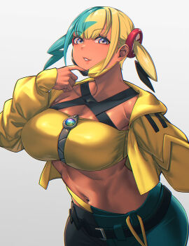 1girl alternate_breast_size_(larger) aqua_hair aqua_pants bandeau belt belt_buckle black_belt black_mask black_pants blonde_hair breasts buckle canari_(pokemon) chromatic_aberration commentary_request cowboy_shot crop_top dark-skinned_female dark_skin gradient_background grey_background grin hair_ornament hand_up highres hood hood_down hooded_jacket huge_breasts jacket long_sleeves looking_at_viewer mask mask_pull midriff mikel_(4hands) mouth_mask multicolored_hair multicolored_pants navel nintendo open_clothes open_jacket pants parted_lips pokemon pokemon_legends:_z-a purple_eyes short_twintails sleeves_past_wrists smile solo split-color_hair standing stomach toned toned_female twintails two-tone_hair two-tone_mask two-tone_pants yellow_bandeau yellow_jacket yellow_mask zipper zipper_pull_tab