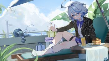1girl absurdres ahoge alternate_costume ankle_socks black_jacket blue_eyes blue_hair blue_ribbon blue_shorts cake chair charm_(object) cloud cloudy_sky drop-shaped_pupils food furina_(genshin_impact) genshin_impact gift gloves helmet heterochromia highres jacket juice key leather leather_jacket looking_at_viewer lounge_chair motorcycle_helmet outdoors palm_leaf parasol railing ribbon shade shirt short_hair shorts sitting sky smile socks solo symbol-shaped_pupils thigh_strap umbrella white_shirt white_socks zhileng_zhil
