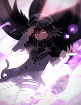 1boy adjusting_clothes adjusting_headwear backlighting black_cape black_hat brand_name_imitation buttons cape checkered_clothes checkered_scarf commentary_request danganronpa_(series) danganronpa_v3:_killing_harmony dice dodi990 fanta flipped_hair glowing glowing_eyes hair_between_eyes half-closed_eye hat light_particles long_sleeves looking_at_viewer male_focus multicolored_buttons oma_kokichi pants peaked_cap purple_eyes purple_hair purple_theme scarf smile smirk solo thigh_strap two-tone_scarf