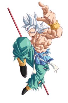Rule 34 | 1boy, abs, absurdres, beatlo (rodrigo38658978), blue pants, commentary, dragon ball, dragon ball super, dragonball z, full body, grey eyes, grey hair, highres, holding, holding staff, male focus, medium hair, muscular, muscular male, pants, revision, ruyi jingu bang, simple background, solo, son goku, spiked hair, staff, topless male, ultra instinct, white background