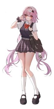 1girl absurdres alternate_costume bag bangboo_(zenless_zone_zero) black_flower black_sweater_vest blush bow bowtie breasts bubble99 evernight_(honkai:_star_rail) flower grin hair_between_eyes hair_flower hair_ornament hairclip highres honkai:_star_rail honkai_(series) long_hair march_7th_(honkai:_star_rail) miniskirt parallel_hairclips pink_hair red_bow red_bowtie red_eyes school_uniform shirt shoulder_bag skirt smile sweater_vest thighs unfinished very_long_hair white_background white_shirt