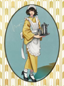 1girl apron black_hair block_heels bob_cut closed_eyes frilled_apron frilled_socks frills highres holding holding_tray japanese_clothes kimono looking_at_viewer maid maid_headdress mori_hisato obi original picture_frame sash shadow socks solo taishou teapot tray white_apron white_socks yagasuri yellow_kimono