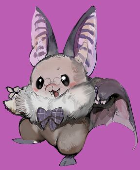 Rule 34 | animal, animal ears, bat (animal), bat ears, bat wings, black eyes, blush, bow, bowtie, fang, full body, glasses, kemono friends, kemono friends v project, looking at viewer, no humans, open mouth, poporu (kemono friends), purple background, purple bow, purple bowtie, raichiyo, simple background, virtual youtuber, wings