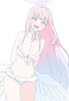 1girl :d absurdres arms_behind_back bare_arms bare_shoulders bikini blue_archive blunt_bangs blush breasts choker cleavage collarbone commentary_request cowboy_shot feathered_wings frilled_bikini frills front-tie_top gluteal_fold gradient_hair halo halterneck highleg highleg_bikini highres large_breasts layered_bikini leaning_forward long_hair looking_at_viewer low_wings multicolored_eyes multicolored_hair navel open_mouth parangmuru pink_eyes pink_hair purple_eyes sidelocks simple_background smile solo standing stomach swimsuit teeth thigh_gap upper_teeth_only very_long_hair white_background white_bikini white_wings wings yellow_eyes