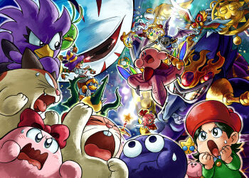 adeleine album_cover broom chuchu_(kirby) colored_sclera coo_(kirby) cover dragoon_(kirby) dyna_blade galactic_nova gooey_(kirby) gryll_(kirby) hydra_(kirby) jizo_yukari king_dedede kirby kirby_(series) long_nose marx_(kirby) marx_(true_form)_(kirby) meta_knight nago_(kirby) nightmare_(kirby) nintendo pitch_(kirby) red_sclera ribbon_(kirby) rick_(kirby) shouting star_rod sweatdrop zero_(kirby) zero_two_(kirby)