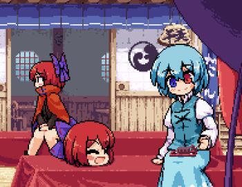 2girls :d :o ^_^ animated animated_gif aqua_hair aqua_skirt aqua_vest black_shirt blue_eyes blue_hair blush blush_stickers bow cape chopsticks closed_eyes collared_cape day disembodied_head eating envy feeding food hair_bow heterochromia high_collar holding holding_chopsticks holding_food isu_(is88) jitome juliet_sleeves long_sleeves looking_at_another looking_to_the_side lowres matching_hair/eyes miniskirt multiple_girls open_mouth outdoors pixel_art pout puffy_sleeves red_cape red_eyes red_hair red_skirt sekibanki shirt short_hair sitting sitting_on_table skirt sliding_doors smile table tareme tatara_kogasa teeth touhou tray upper_teeth_only v-shaped_eyebrows vest wagashi white_shirt youkan_(food) yukkuri_shiteitte_ne