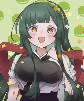 1girl :d arazan_(ara_arazan24) blunt_bangs blush confetti food-themed_background gradient_clothes gradient_kimono green_background green_hair green_hairband hairband hand_up hashtag-only_commentary japanese_clothes kimono long_hair looking_at_viewer muneate obi open_mouth purple_sash sash smile solo tasuki touhoku_zunko upper_body variant_set voiceroid white_kimono yellow_eyes zunda_mochi