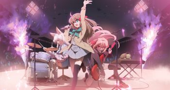 3girls ahoge animal_ear_fluff animal_ears annytf asymmetrical_legwear audio_cable badge band_(music) black_cardigan black_skirt blue_boots blue_eyes boots bow bowtie broken_heart broken_heart_hair_ornament brown_hair button_badge buttons cardigan chibi commentary concert drone drum drum_set drumsticks electric_guitar english_commentary evil_neuro-sama fender_stratocaster fox_ears fox_girl fox_tail glowstick gradient_hair green_bow green_bowtie grey_sailor_collar grey_skirt guitar hair_ornament hair_ribbon hairclip hand_up headphones heart heart_button heart_hair_ornament highres holding holding_instrument hood hoodie indie_virtual_youtuber instrument keyboard_(instrument) long_hair microphone microphone_stand multicolored_hair multiple_girls music neuro-sama night no_pants on_one_knee open_mouth osu! pink_shirt playing_guitar playing_instrument pleated_skirt purple_hoodie red_eyes red_ribbon ribbon sailor_collar school_uniform serafuku shirt shoes siblings single_sock single_thighhigh sisters sitting skirt sky smile socks stadium stadium_lights stage stage_lights standing standing_on_one_leg star_(symbol) star_hair_ornament star_print swarm_drone_(neuro-sama) tail tanziya_(codlxcold) thighhighs turtle turtle_button twins two_side_up uneven_legwear vedal987 vedal_ai virtual_youtuber white_thighhighs wide_shot yellow_eyes zettai_ryouiki