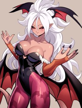 1girl absurdres android_21 animal_print bare_shoulders bat_print black_leotard black_nails black_sclera breasts cleavage closed_mouth clothing_cutout collarbone colored_sclera colored_skin commentary cosplay cowboy_shot cutout_above_navel darkstalkers demon_girl demon_wings dragon_ball dragon_ball_fighterz english_commentary grey_background head_wings heart_cutout highleg highleg_leotard highres large_breasts leotard low_wings majin_android_21 morrigan_aensland morrigan_aensland_(cosplay) multiple_wings pantyhose pea-bean pink_skin pink_tail pointy_ears print_pantyhose purple_pantyhose red_eyes simple_background smile solo tail white_hair wings