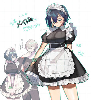 1boy 1girl alternate_costume apron belle_(zenless_zone_zero) black_dress blue_hair blush breasts brother_and_sister commentary_request cosplay dress earrings ellen_joe ellen_joe_(cosplay) enmaided frilled_apron frilled_dress frills green_eyes grey_hair grid_background hair_between_eyes jewelry maid maid_apron maid_headdress medium_breasts multiple_views short_hair short_sleeves siblings tatumin13 translation_request white_apron wise_(zenless_zone_zero) zenless_zone_zero