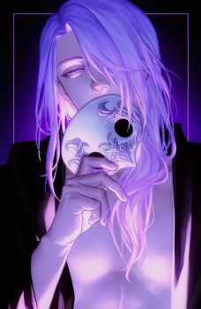 Rule 34 | 1boy, black robe, dark background, final fantasy, final fantasy xiv, hair over one eye, hythlodaeus, long hair, looking at viewer, male focus, mask, unworn mask, open clothes, pink eyes, purple hair, robe, solo, upper body, zhyphenth