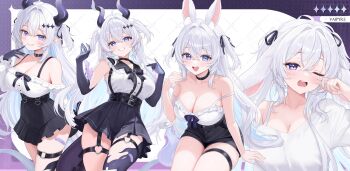 1girl absurdres ahoge animal_ear_fluff animal_ears armpit_crease bare_arms bare_legs bare_shoulders belt bibixart black_bow black_choker black_shorts black_skirt blue_eyes bow bra_strap breasts choker cleavage collarbone colored_inner_hair demon_horns diamond-shaped_pupils diamond_(shape) elbow_gloves feet_out_of_frame frilled_shirt frills gloves grin hair_between_eyes hair_ribbon hand_up high-waist_shorts high-waist_skirt highres horns indie_virtual_youtuber large_breasts long_hair looking_at_viewer multicolored_hair multiple_views off-shoulder_shirt off_shoulder one_eye_closed open_mouth pleated_skirt pointy_ears purple_eyes rabbit_ears ribbon shirt shirt_tucked_in short_shorts shorts simple_background sitting skindentation skirt sleeveless sleeveless_shirt smile spaghetti_strap strap_slip symbol-shaped_pupils tail thigh_strap thighs two_side_up vaipyre_(vtuber) very_long_hair white_background white_hair white_shirt