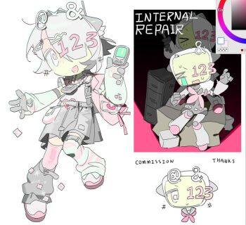 >_< 1girl arm_warmers asymmetrical_legwear backpack bag cellphone chibi decora detached_sleeves english_text flip_phone full_body gloves grey_skirt hair_ornament hair_over_one_eye hairclip holding holding_phone jewelry joints leg_warmers lock long_sleeves looking_at_viewer loose_socks mismatched_legwear mk1liaoqian monitor_head multiple_views neckerchief number_hair_ornament object_head open_mouth original phone radio_antenna sailor_collar shirt shoes short_hair simple_background sitting skirt smile socks striped_clothes striped_thighhighs thigh_strap thighhighs white_background white_eyes white_hair