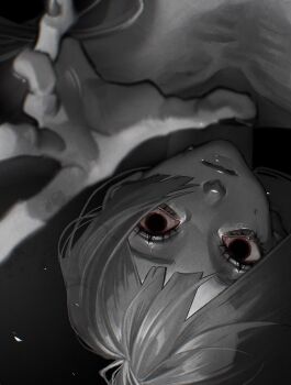 1girl aegyo_sal black_eyes bloodshot_eyes blunt_bangs expressionless grey_hair highres kasahara_iji original outstretched_hand partially_colored reaching reaching_towards_viewer ribs short_hair solo upside-down wide-eyed