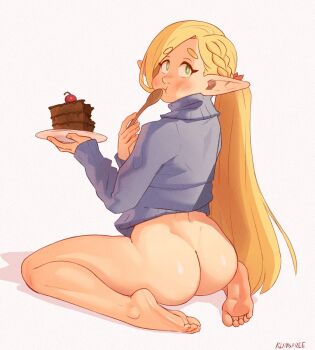 1girl ass barefoot blonde_hair blue_shirt bow cake cake_slice cherry chocolate_cake dungeon_meshi eating food fruit green_eyes hair_bow highres klimspree long_hair long_sleeves looking_back marcille_donato no_pants pointy_ears shirt white_background