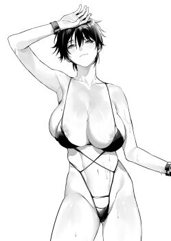 1girl areola_slip arm_up armpits breasts collarbone commentary cowboy_shot english_commentary enpix greyscale highres huge_breasts monochrome monokini navel original short_hair simple_background solo standing stomach thighs white_background