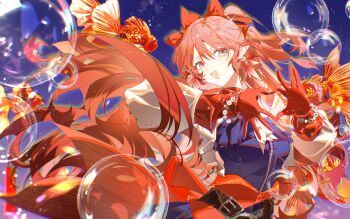 1girl :d arknights blue_background blue_dress bow bracelet breasts commentary cowboy_shot dress earrings english_commentary fish floating_hair gloves goldfish hair_between_eyes hair_bow hands_up haruka_(arknights) highres indai_(3330425) jewelry long_hair long_sleeves looking_at_viewer multicolored_hair open_mouth pearl_earrings pink_hair pointy_ears red_bow red_gloves red_hair smile soap_bubbles solo