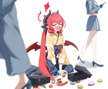 Rule 34 | absurdres, bento, blue archive, commentary, delinquent, dropped food, food, food focus, garados (limmjiiiminnn99), halo, highres, horns, japanese clothes, junko (blue archive), junko (new year) (blue archive), kimono, midriff peek, pointy ears, red hair, shrimp, sukeba, sukeban, tearing up, wings