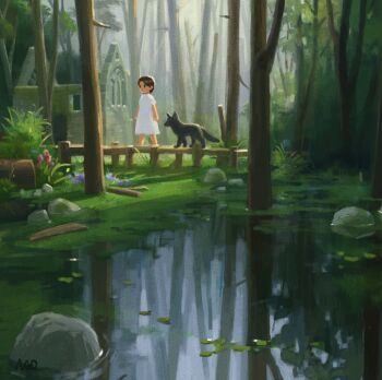 1girl algae animal black_hair bridge child commentary_request dress highres log nao_(marley) nature original outdoors reflection reflective_liquid rock ruins scenery short_hair signature solo tree walking water wetland white_dress wide_shot wolf