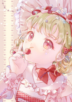 1girl blonde_hair bonnet bow bow_choker buji cherry choker commentary_request dated facial_mark food frilled_wrist_cuffs frills fruit hair_bow highres holding holding_food holding_fruit nail_polish original pink_bonnet pink_nails plaid_bow portrait red_bow red_eyes red_ribbon ribbon ribbon_choker short_hair solo star_(symbol) star_facial_mark white_wrist_cuffs wrist_cuffs