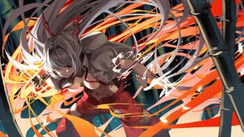 1girl breasts fire fujiwara_no_mokou haido_(unisan) highres medium_breasts pants tagme touhou