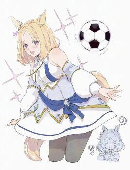 animal_ears ball blonde_hair blush bow breasts cosplay costume_switch crown detached_sleeves ear_covers ear_ornament gradient_eyes highres hishi_miracle_(miracle_make-up!)_(umamusume) hishi_miracle_(umamusume) hishi_miracle_(umamusume)_(cosplay) horse_ears horse_girl horse_tail looking_at_viewer medium_hair mini_crown multicolored_eyes multiple_girls narita_top_road_(the_proud_road)_(umamusume) narita_top_road_(umamusume) narita_top_road_(umamusume)_(cosplay) open_mouth puffy_sleeves purple_eyes shirt short_hair single_ear_cover smile soccer_ball tail umamusume yoiisand