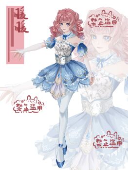 1girl absurdres adapted_costume argyle_clothes argyle_sleeves bare_shoulders blue_dress blue_eyes blue_ribbon blue_shoes blue_sleeves bright_pupils brown_hair chinese_commentary chouchou_(xinjinjumin803458052197) closed_mouth collar commentary_request commission crossed_ankles curly_hair detached_collar detached_sleeves dress drill_hair eyelashes frilled_arm_warmers frilled_collar frilled_dress frilled_sleeves frills full_body happy high_heels highres infinity_nikki lipstick long_hair looking_ahead makeup neck_ribbon nikki_(series) no_headwear outstretched_arm pantyhose pink_lips puffy_short_sleeves puffy_sleeves ribbon sample_watermark see-through_arm_warmers shoes short_dress short_sleeves sidelocks smile solo standing strapless strapless_dress timeless_melody_(infinity_nikki) watermark white_arm_warmers white_background white_collar white_pantyhose white_pupils zoom_layer