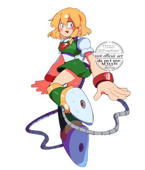 1girl blonde_hair chest_jewel commentary_request full_body green_shirt green_skirt highres mega_man_(classic) mega_man_(series) original piano_(srnhuyuno) robot_girl scar scar_on_face shirt simple_background skirt solo srnhuyuno stitched_face stitches watermark white_background white_shirt