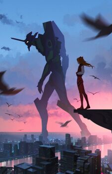 1girl absurdres bird bodysuit building cityscape cloud cloudy_sky commentary daniel_(zaijoubu) english_commentary eva_01 evangelion:_3.0_you_can_(not)_redo evangelion_(mecha) floating_hair flying from_side hand_in_pocket highres horns jacket looking_afar looking_to_the_side mecha mecha_focus mecha_pilot_suit motion_blur neon_genesis_evangelion orange_hair outdoors plugsuit_(evangelion) rebuild_of_evangelion red_bodysuit red_jacket river robot science_fiction single_horn sky skyline skyscraper souryuu_asuka_langley standing super_robot twilight walking white_sleeves yellow_eyes