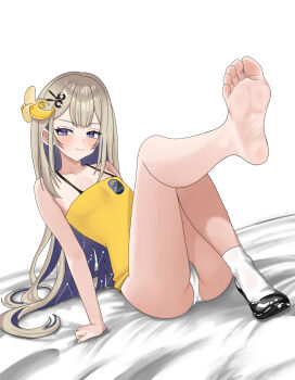 1girl absurdres amanogawa_shiina amanogawa_shiina_(shiinana) arm_support banana bed_sheet black_shoes blonde_hair blush breasts closed_mouth collarbone colored_inner_hair commentary english_commentary eyelashes feet food foot_focus foot_up foreshortening fruit full_body hair_ornament highres ivan_ramirez knees_together_feet_apart legs long_hair looking_to_the_side multicolored_hair no_pants no_shoes panties phase_connect presenting_foot purple_eyes purple_hair scissors_hair_ornament shirt shoes sidelocks simple_background single_shoe single_sock sitting sleeveless sleeveless_shirt small_breasts smile socks soles solo toes underwear very_long_hair virtual_youtuber white_background white_panties white_socks