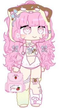 Rule 34 | backpack, bag, blush, bow, curly hair, gacha (series), gacha life, highres, hood, jewelry, leg warmers, necklace, no navel, non-web source, off-topic, stomach, thigh acessories