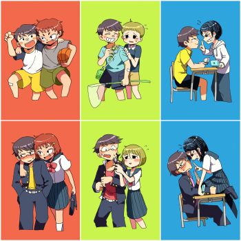1boy 3girls :p age_comparison ball bandaid bandaid_on_arm bandaid_on_face bandaid_on_knee bandaid_on_leg bandaid_on_nose basketball_(object) black_hair blush brown_hair bug butterfly_net chair clenched_teeth commentary_request desk fang gakuran glasses hand_net handheld_game_console highres holding holding_ball kneehighs multiple_girls original pantyhose praying_mantis red_hair school_uniform serafuku short_hair shorts simple_background socks split_screen teeth tomboy tongue tongue_out yoineko