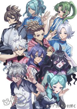1girl 6+boys aqua_hair beta_(inazuma_eleven) black_bodysuit black_hair blue_eyes blue_hair blue_shirt bodysuit brown_hair commentary double_bun dreadlocks facial_mark fubuki_shirou fudou_akio gandaresu_baran green_hair grey_eyes grey_hair hair_between_eyes hair_bun hair_over_one_eye hakuryuu_(inazuma_eleven) highres inazuma_eleven_(series) inazuma_eleven_ares_no_tenbin inazuma_eleven_go inazuma_eleven_go_chrono_stone inazuma_eleven_go_galaxy kazemaru_ichirouta kidou_yuuto kira_hiroto kishibe_taiga long_hair medium_hair messy_hair midorikawa_ryuuji multiple_boys ponytail purple_eyes red_eyes red_shirt shiro_(deucqvhzjb2blzg) shirt smile sportswear track_suit white_background white_hair white_shirt
