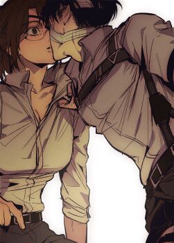 Rule 34 | 1boy, 1girl, 5454 sao, bandaged head, bandages, black hair, breasts, brown hair, chest harness, cleavage, collared shirt, eyepatch, glasses, hange zoe, harness, hashtag-only commentary, hetero, highres, kiss, levi (shingeki no kyojin), medium breasts, paradis military uniform, parted bangs, ponytail, shingeki no kyojin, shirt, short hair, sleeves rolled up, upper body, white background, white shirt, wide-eyed