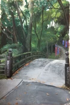 bride bush day harusa1107 highres no_humans original outdoors painting_(medium) park path road scenery shadow sunlight traditional_media tree