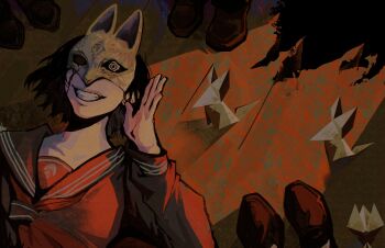 Rule 34 | 1girl, absurdres, blood, blood on face, fox mask, glowing, glowing eye, highres, kitsunic0, mask, multiple others, origami, school uniform, shimizu hinako, shoes, silent hill (series), silent hill f, smile