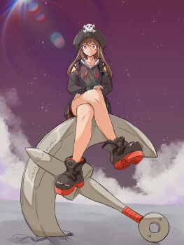 1girl alternate_color anchor arm_cutout black_hat black_hoodie black_shoes brown_hair closed_mouth clothing_cutout cloud collarbone commentary_request crack cracked_floor crossed_bangs crossed_legs full_body gottsu guilty_gear guilty_gear_strive hands_on_own_leg hat hat_ornament highres hood hoodie lens_flare long_hair looking_at_viewer may_(guilty_gear) platform_shoes purple_sky red_eyes shoes sitting sitting_on_object skull_and_crossbones skull_hat_ornament sky solo staring wide-eyed