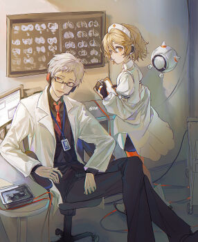 1boy 1girl :d arm_rest artist_name black-framed_eyewear black_gloves black_pants black_shirt black_shorts brown_eyes brown_hair chair chromatic_aberration clipboard closed_mouth coat coat_partially_removed collared_shirt commentary computer crossed_legs desk detached_collar double-parted_bangs dr._dareka expressionless feet_out_of_frame film_grain fingernails full_body glasses gloves hair_between_eyes hair_intakes hat headset highres holding holding_clipboard holding_pen indoors lanyard lapels layered_sleeves long_sleeves looking_at_viewer looking_back lower_teeth_only monitor necktie non-humanoid_robot nurse_cap nurse_robot_type_t office_chair on_chair open_clothes open_coat open_mouth orange_pantyhose pants pantyhose pen puffy_short_sleeves puffy_sleeves pye_yyy rectangular_eyewear red_eyes red_necktie robot semi-rimless_eyewear shirt short_hair short_sleeves shorts smile standing swivel_chair teeth tray utau very_short_hair white_coat white_hair white_hat white_shirt