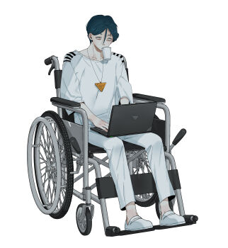 1boy absurdres commentary_request computer cup disposable_cup full_body highres laptop looking_down maelo male_focus meguriya_ayumu mouth_hold pants shirt shoes short_hair simple_background sitting solo toshi_densetsu_kaitai_center typing white_background white_pants white_shirt white_shoes