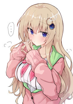 ... 1girl 9-nine- \||/ absurdres blue_eyes blush bow bowtie breasts brown_hair cardigan closed_mouth commentary dress eyelashes eyes_visible_through_hair frown gear_hair_ornament hair_between_eyes hair_ornament hakusen_academy_school_uniform hands_up highres kujou_miyako large_breasts long_hair looking_at_viewer open_cardigan open_clothes own_hands_together partially_unbuttoned pink_bow pink_bowtie pink_cardigan school_uniform shy sidelocks simple_background sleeves_past_wrists solo speech_bubble spoken_ellipsis star_(symbol) star_print steepled_fingers takoyaki032002 upper_body very_long_hair white_background white_dress wing_hair_ornament