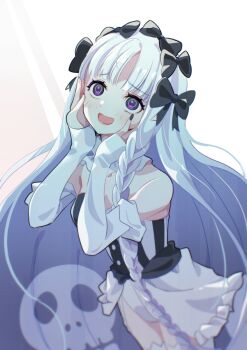 1girl bare_shoulders black_bow blush bow braid breasts collar colored_inner_hair commentary_request detached_sleeves dress fate/strange_fake fate_(series) francesca_prelati_(fate) frilled_collar frills garter_straps grey_hair hair_bow long_hair medium_breasts mizuiro123 multicolored_hair open_mouth panties parted_bangs purple_eyes ringed_eyes sidelocks skull_print smile solo striped_clothes striped_dress thighhighs thighs underwear very_long_hair white_dress white_hair white_panties white_thighhighs