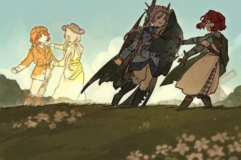 Rule 34 | 2girls, ;d, ^ ^, aviator cap, black boots, black cape, black hat, blue jacket, blue shirt, blue sky, boots, brown boots, brown hat, brown jacket, cape, closed eyes, commentary request, day, dress, flower, gauntlets, grass, grey hair, gun, hair ornament, hand up, hat, highres, jacket, looking at another, marsha (reverse:1999), measuring, military uniform, multiple girls, multiple views, official art, one eye closed, open mouth, outdoors, pants, red hair, reverse:1999, rifle, sentinel (reverse:1999), shirt, sky, smile, standing, tape measure, weapon, white dress, white flower, white pants, windmill, yellow dress