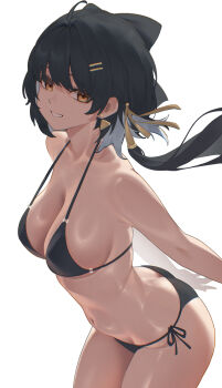 1girl alternate_costume ang_lazypaint ass bare_shoulders bikini black_bikini black_hair breasts chromatic_aberration clenched_teeth collarbone commentary earrings female_rover_(wuthering_waves) from_side hair_ornament hair_ribbon hairclip highres jewelry large_breasts leaning_forward long_hair looking_at_viewer looking_to_the_side low_ponytail medium_breasts navel parallel_hairclips parted_lips ponytail ribbon rover_(wuthering_waves) side-tie_bikini_bottom sideboob simple_background smile solo stomach swimsuit teeth triangle_earrings white_background wuthering_waves yellow_eyes yellow_ribbon