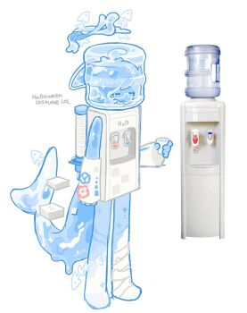 Rule 34 | 1girl, :3, bandaged leg, bandages, bomal1215, closed eyes, closed mouth, commentary, costume, cup, english commentary, english text, fins, fish skeleton, fish tail, full body, halo, holding, holding cup, monster girl, original, reference inset, simple background, slime girl, solo, standing, tail, water, water cooler, white arm warmers, white background