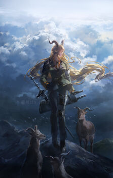 1girl animal_ears arknights armband bird black_gloves black_necktie blonde_hair breasts brown_horns closed_eyes closed_mouth cloud cloudy_sky commentary day degenbrecher_(arknights) english_commentary full_body gloves goat goat_ears goat_girl goat_horns green_pants hair_flowing_over hand_on_own_hip helen_zzhao highres horns jacket knee_pads lapels large_breasts long_hair long_sleeves medal military_jacket mountain necktie orange_shirt outdoors pants sheath sheathed shirt single_knee_pad single_shoulder_pad sky smile solo standing sword wallet_chain weapon white_armband