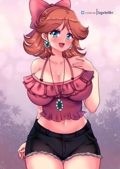 1girl black_shorts blue_eyes blush bow breasts brown_hair bubble_background bush cleavage collarbone earrings flower flower_earrings flower_necklace hair_bow hand_on_own_chest heart jewelry large_breasts leaves light_particles long_hair looking_at_viewer mario_(series) midriff navel necklace nintendo open_mouth pink_bow pink_shirt princess_daisy purple_background shirt shorts sleeveless sleeveless_shirt smile standing sugarbell
