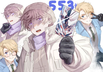 2boys ahoge america_(hetalia) axis_powers_hetalia black_gloves black_pants blonde_hair blue_eyes blue_jacket blush breast_pocket brown_sweater buttons card collared_shirt commentary_request empty_eyes fur-trimmed_jacket fur_trim glasses gloves grey-framed_eyewear grey_hair grey_vest hair_between_eyes hand_up harutoro_39487 hat highres holding holding_card index_finger_raised jacket lapels leather leather_gloves long_sleeves looking_at_viewer male_focus multiple_boys multiple_views official_alternate_costume one_eye_closed open_clothes open_jacket open_mouth pants pocket puffy_long_sleeves puffy_sleeves purple_eyes purple_scarf russia_(hetalia) scarf semi-rimless_eyewear shirt short_hair simple_background smile sparkle sweater teeth tongue tongue_out upper_body v vest white_background white_hat white_jacket white_shirt wide-eyed