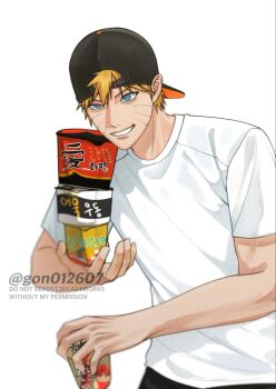 1boy backwards_hat baseball_cap black_hat black_pants blonde_hair blue_eyes facial_mark food gon012607 hair_between_eyes hat highres holding holding_food male_focus naruto_(series) pants parted_lips shirt short_hair smile solo t-shirt teeth twitter_username upper_body uzumaki_naruto whisker_markings white_background white_shirt